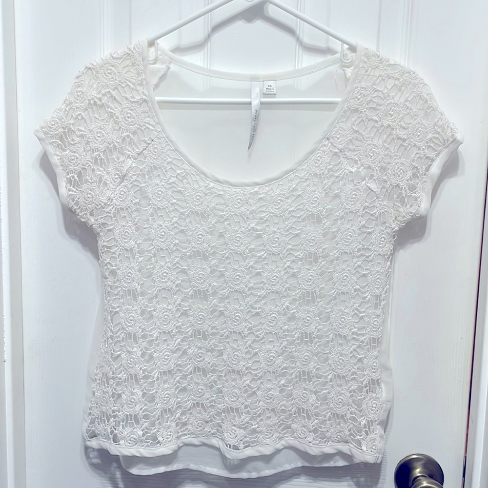 White crochet rose top over sheer white blouse